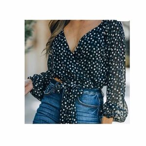 Dee Elly Polka Dot Surplice Tie Front Blouse‎